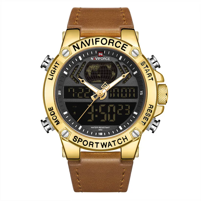gold NAVIFORCE новые мужские часы Топ люксовый бренд кожа водонепроницаемые мужские спортивные часы кварцевые аналоговые цифровые часы мужские Relogio Masculino - Цвет: gold