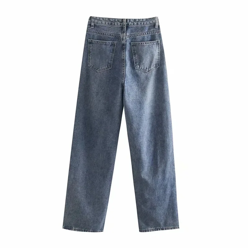 

Korean Style High Waist Make Legs Look Long Washed Worn Side Slit Straight-Leg Denim Pants Women's Pants