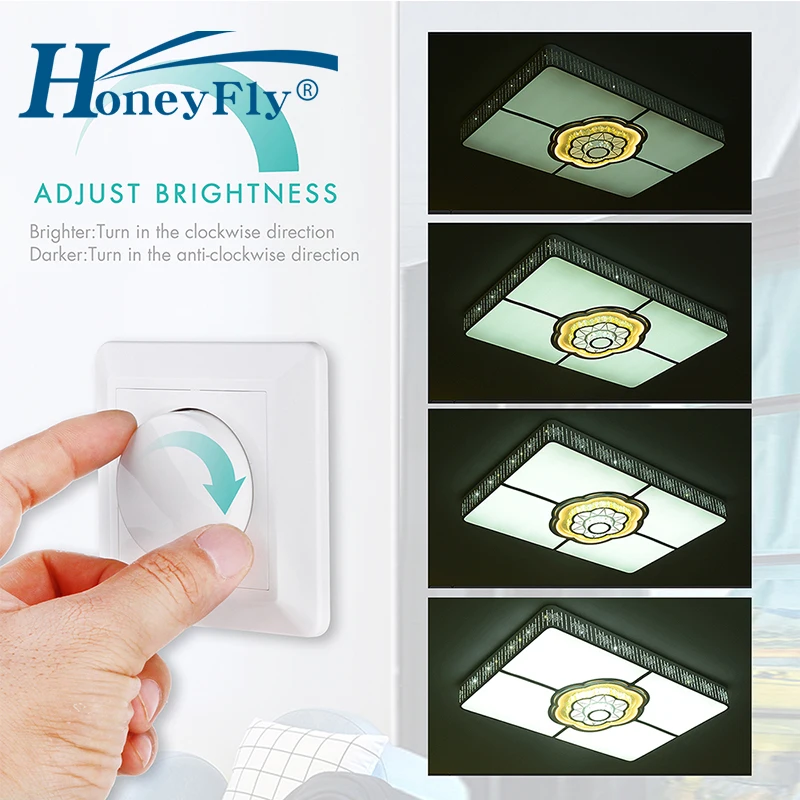 

HoneyFly Wall Mounting Lamp Dimmer Knob Stepless Dimming On/Off Switch Adjustable LED 5-200W 220-240V Rotary Dimmable 2-Way