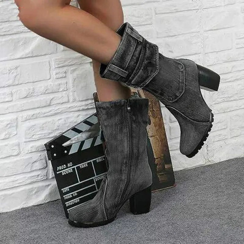 

2021 Sexy Jean Boots Women's Mid Calf Boot Zipper High Heel Woman Stylish Jeans Ladies Boot Female Shoes Cowboy