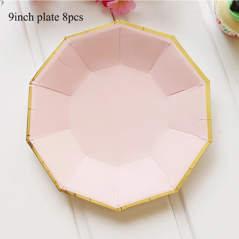 9inch plate 8pcs Розовое золото, розовый бумажные тарелки для вечеринки одноразовая посуда вечерние декоративная ткань посуда тарелки салфетки для стаканчиков набор соломинок для вечеринок - Цвет: 9inch plate 8pcs