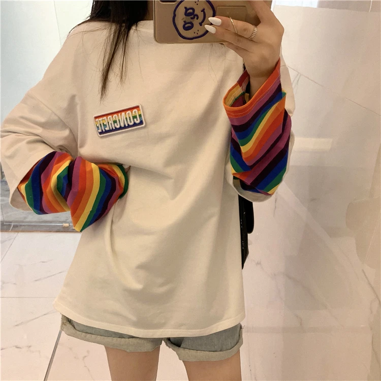 Harajuku футболка женская осенняя одежда корейский стиль полосатый лоскутный рукав футболки женские повседневные футболки Топ