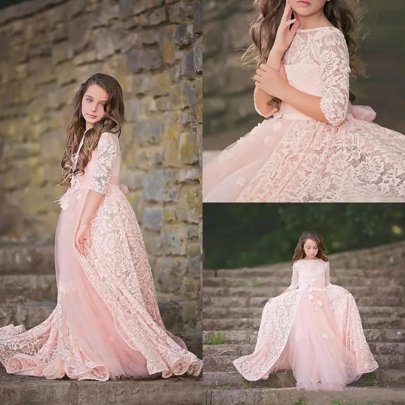 

Lovely Pink Lace Tulle Flower Girl Dress For Weding Jewel Neck A Line Half Sleeve Girls Birthday Gown
