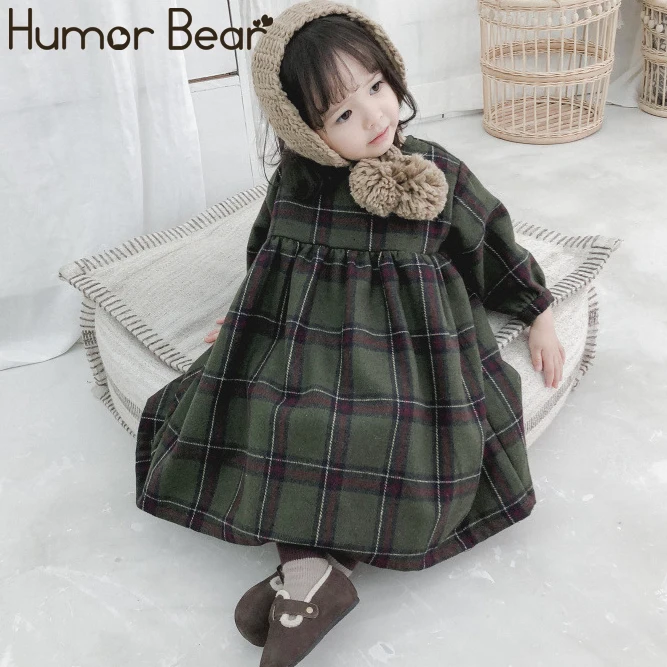 Черный Humor Bear/осенне-зимнее милое длинное клетчатое платье с пышными рукавами для девочек, модное шерстяное повседневное детское платье принцессы - Цвет: Черный