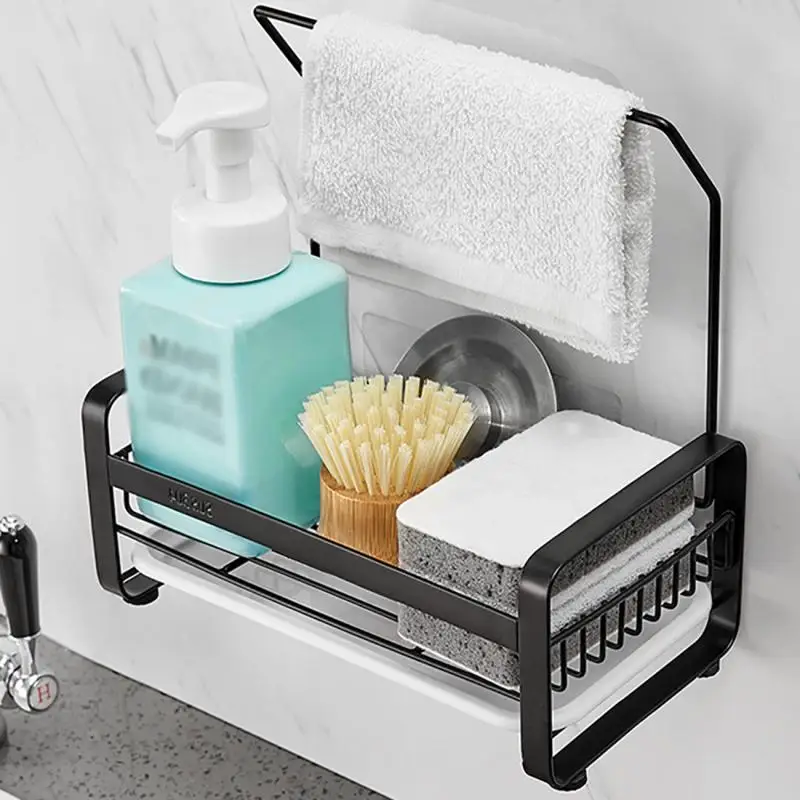 

Wall-mounted Kitchen Sink Side Organize Rack Soap Cleaning Cloth Organizer Racks Stainless Steel Punch-free with Drain Tray