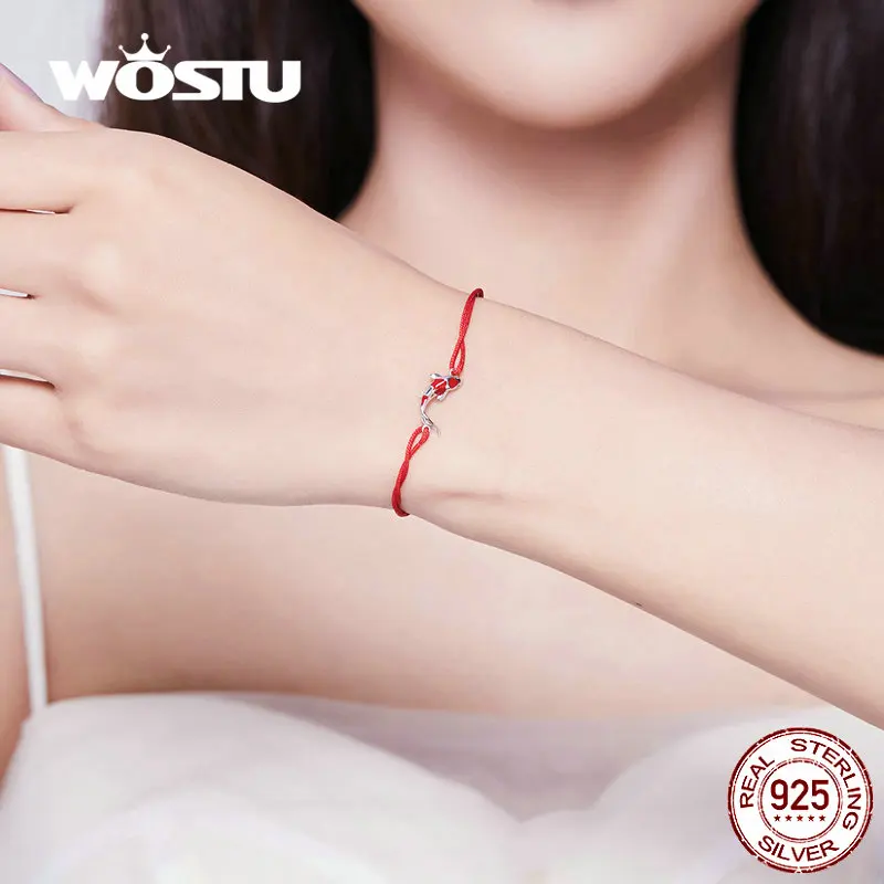 WOSTU 100% Серебро 925 пробы Серебряное пустое сердце любовь красная веревочная цепь