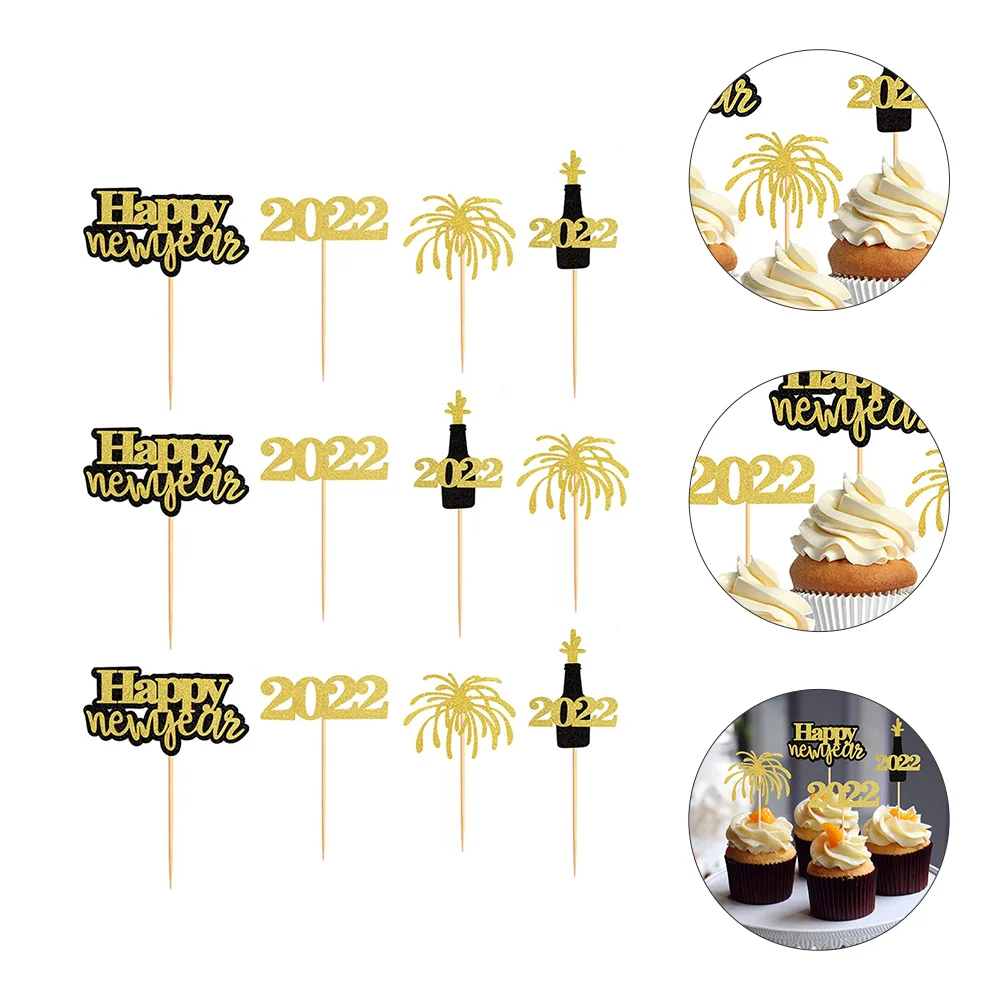 

12 Pcs Party Cake Toppers New Year Cupcake Toppers Paper Inserting Cake Decor