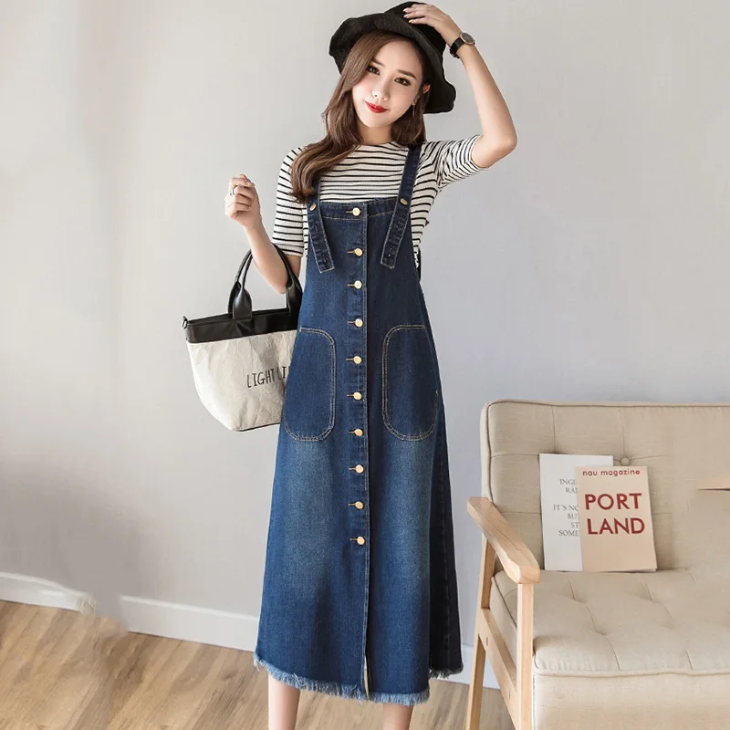 

New Women Strap Denim Dress Summer 2021 Casual Loose All-match Single Breasted Spaghetti Strap Jeans Dress Large Size S-5XL