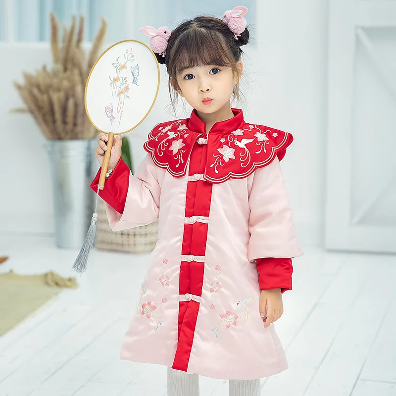 Стеганое платье Hanfu для девочек зимнее сохраняющее тепло детское с вышивкой