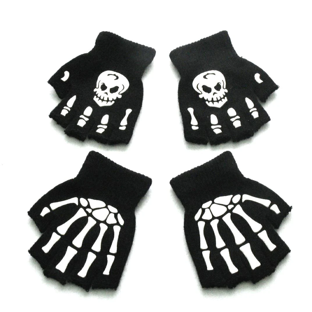 

Halloween Riding Non-Slip Gloves Skull Half-Finger Protective Gloves Winter Knitted Elastic Luminous Bicycle Sports Men