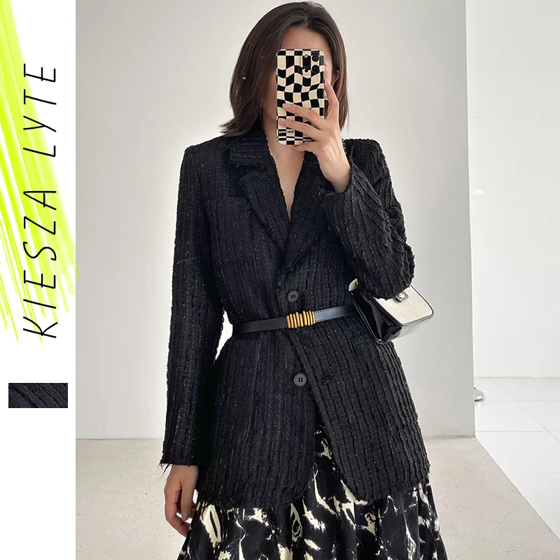 Новые твидовые куртки пальто Переплетенные на осень 2022 черная шерстяная