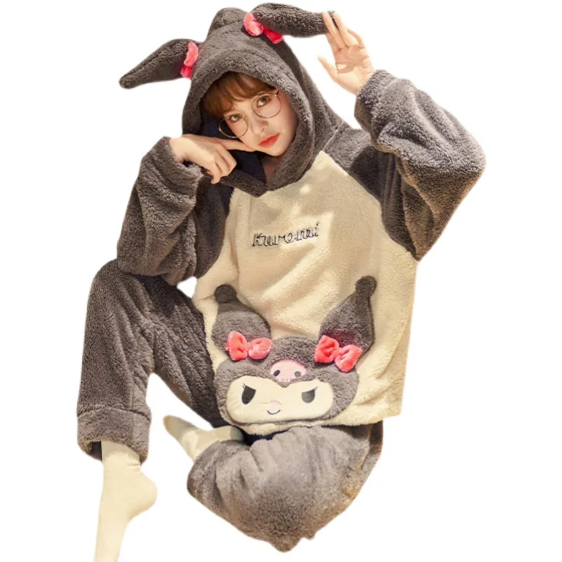 

Милый мультяшный аниме Sanrios Bow Kuromi плюшевый теплый костюм Kawaii фланелевая Толстовка комплект теплый женский подарок