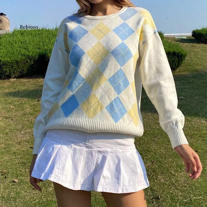 

White Casual Plaid Argyle Sweater Ladies Y2K Preppy Style Vinage Knit Jumper Women Antumn Winter Pullover Knitwear
