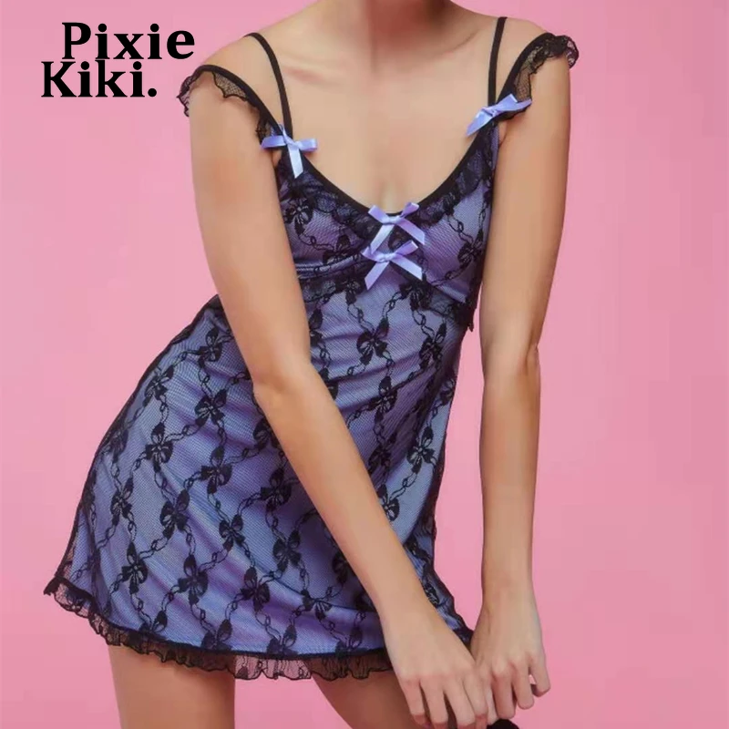 PixieKiki сказочное гранж летнее платье Egirl кружевное Сетчатое атласное фиолетовое