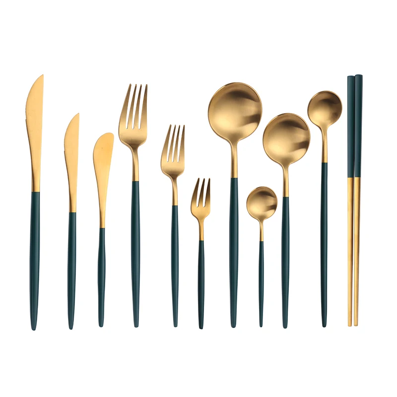 304 Stainless Steel Dinnerware Set Green Gold Matte Cutlery Salad Fork Spoon Butter Knife Chopsticks Teaspoon Dessert | Дом и сад