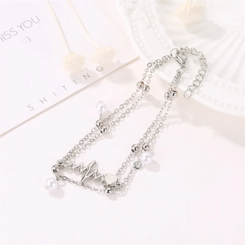 Новый Boho двойной Слои жемчужный браслет из двух частей ЭКГ личности серебряные