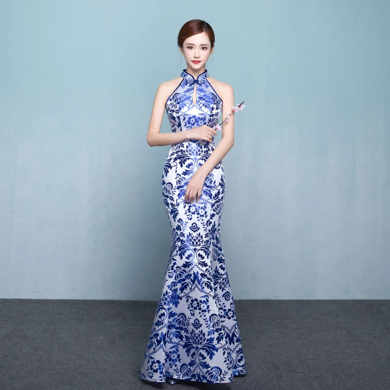 Women Lady Slim Cheongsam Dress Sleeveless QiPao Blue White Long Retro Stylish Etiquette Elegant Evening