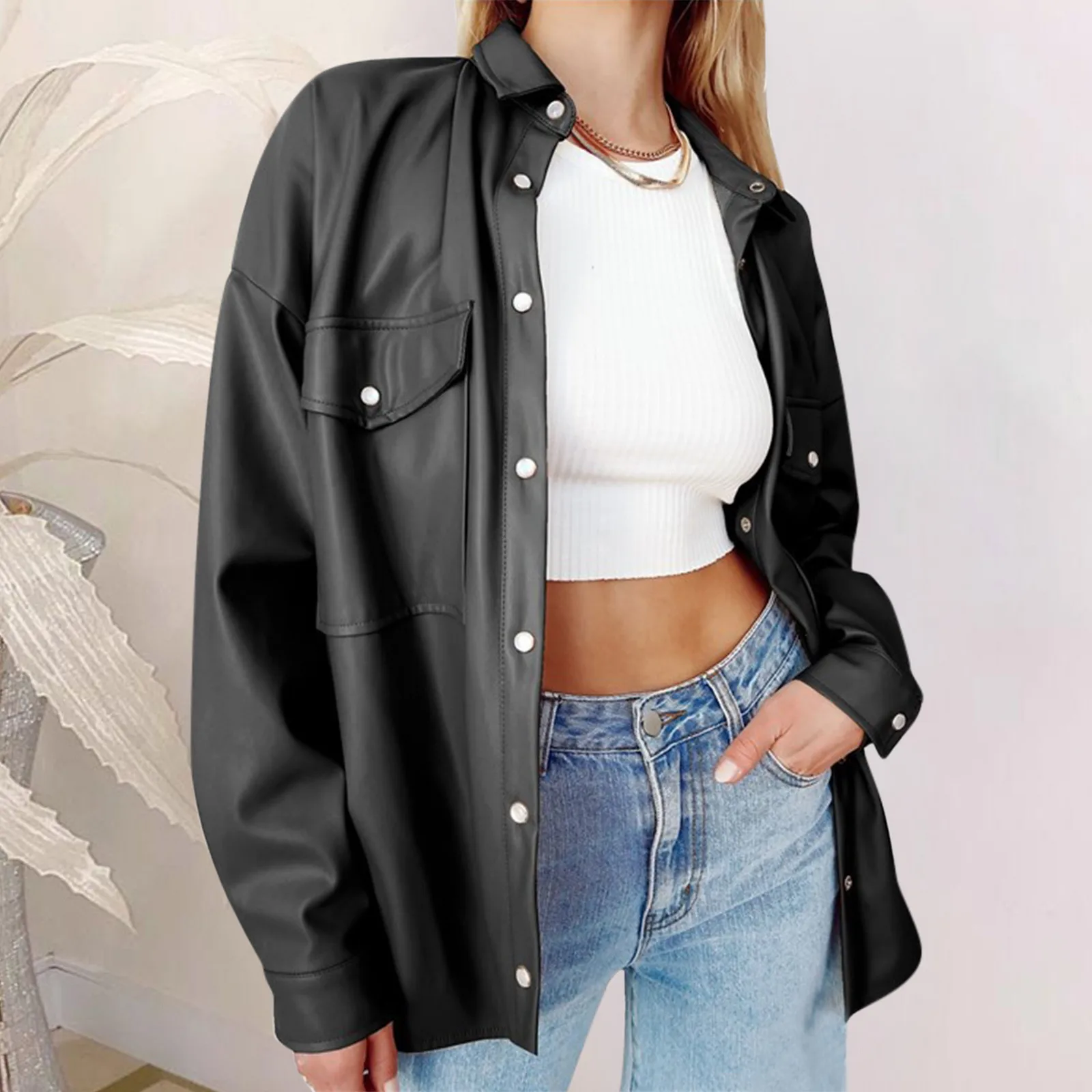 

Женская однотонная куртка из искусственной кожи, пальто с длинным рукавом, новая модная повседневная Рабочая куртка на пуговицах с лацкана...