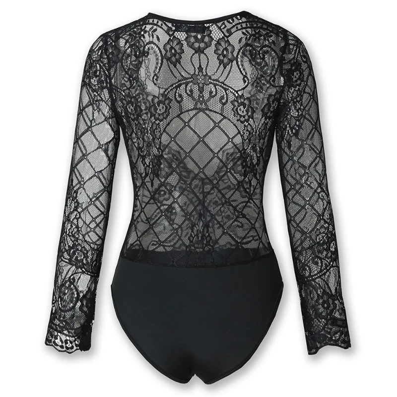 

2021 NEW Summer Sexy Lace Bodysuits Women Slim Lace Sheer Long Sleeve Bodycon Jumpsuit Romper Leotard Tops Blouse Playsuit