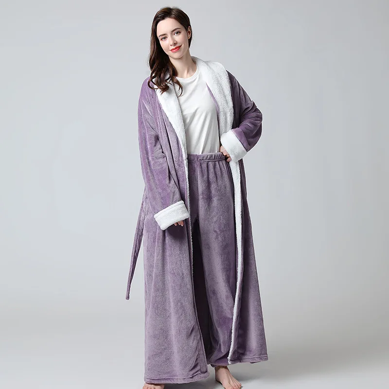 

Women Flannel Robe&Pants Long Sleeve Pajamas Set Winter Warm 2PCS Sleepwear Coral Fleece Sleep Set Femme Pijamas Suit
