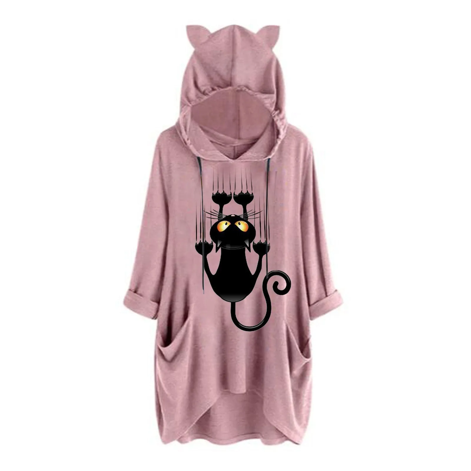 

Cat Printed Pockets Womens Blouses Fashion Casual Vintage Ladies Hooded Long Sleeves Casual Loose Cotton Cute Femme Shirt Top