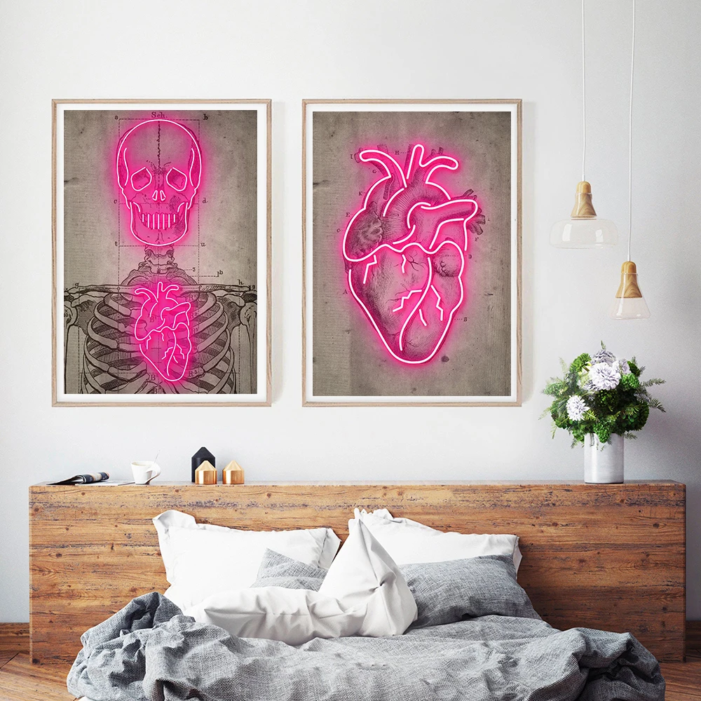 Скандинавская неоновая картина в форме сердца скелета винтажная на стену
