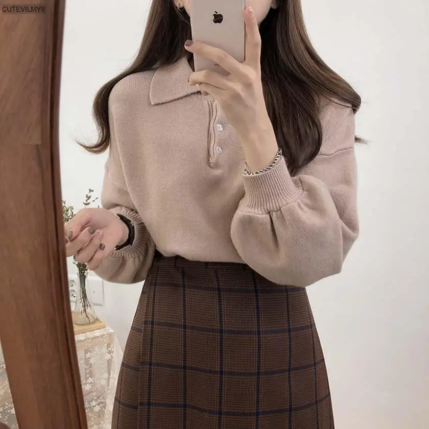 

2021 Winter Autumn New Women's Pullovers Sweater Turn-down Collar Full Lantern Sleeve Button Design Solid Korean Casual Tops