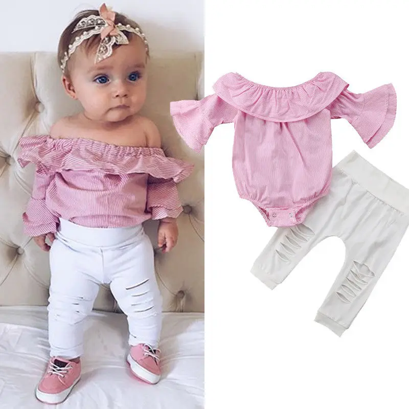 

2PCS Baby Girls Clothing Set Girls Off Shoulder Romper +White Ripped Jeans Pants Infant Pink Outfits Newborn Clothes Sets