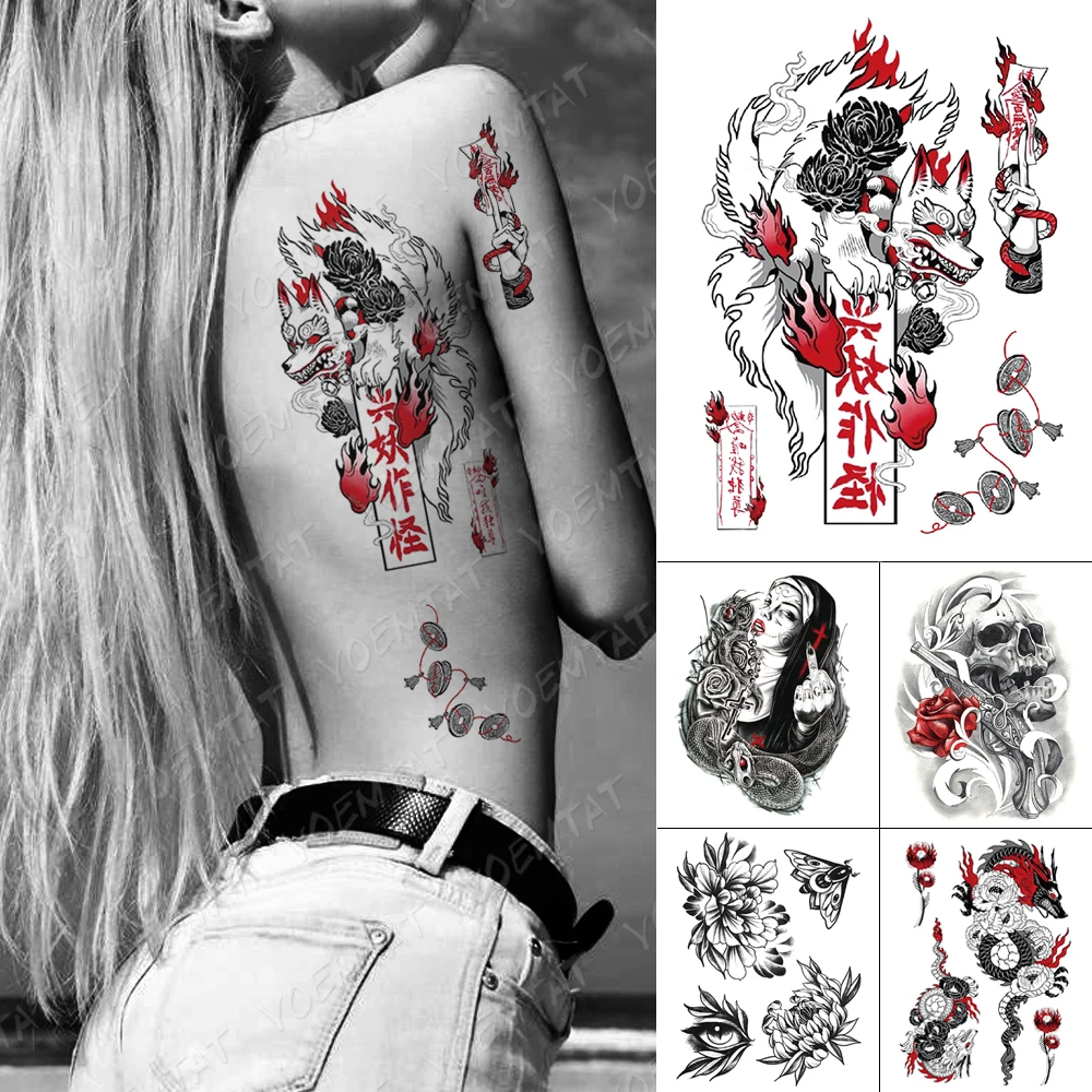 

Waterproof Temporary Tattoo Stickers Fox demon Peony Old School Louts Flower Flash Tattoos Female Body Art Fake Tatoo Men