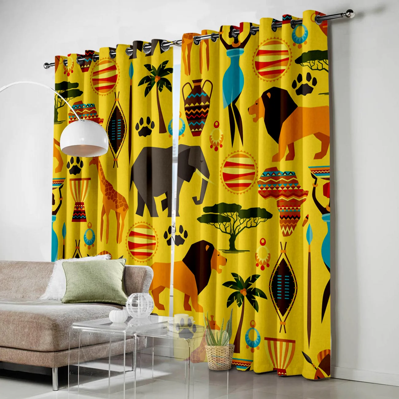 Желтые оконные шторы с иллюстрациями животных слона льва жирафа занавески для
