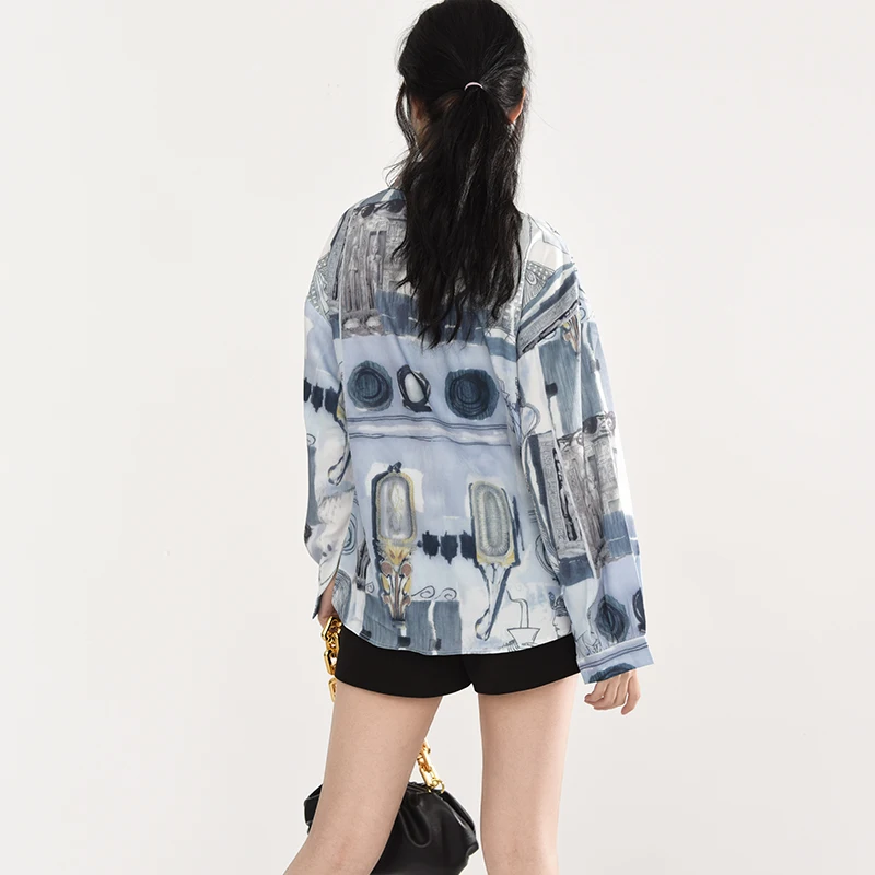 

[EAM] Women Pattern Printed Blue Big Size Blouse New Lapel Long Sleeve Loose Fit Shirt Fashion Tide Spring Autumn 2021 1Z38905
