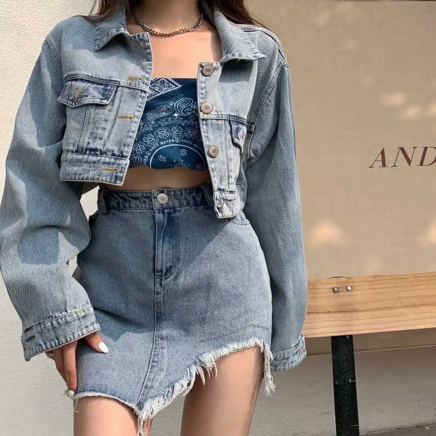 Женский джинсовый костюм летнее свободное короткое пальто в стиле бойфренд