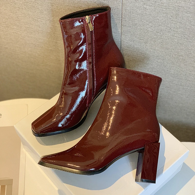 

Whoholl Ankle Boots For Women Square Toe Fashion Shoes Plush Warm Winter Short Boots Zipper Square Heels High Heels Lady Shoes