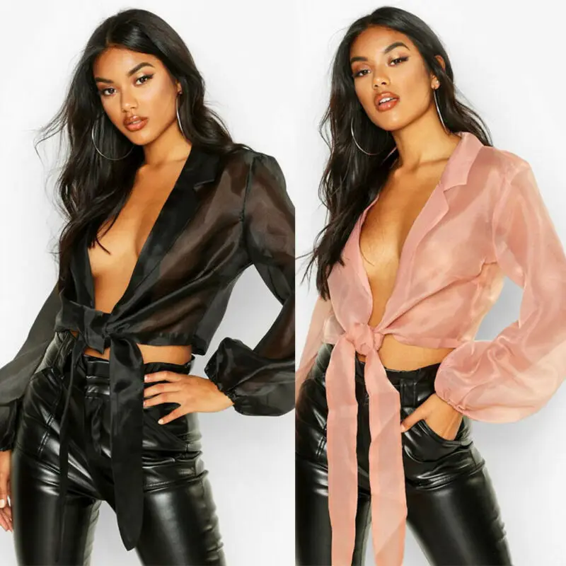 Женская шифоновая блузка с V образным вырезом длинным рукавом|Блузки| |