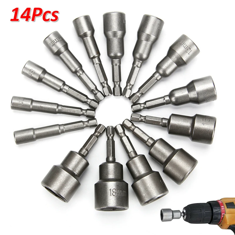 

14pcs 1/4" Nut Driver Bit Set Hex Sleeve Nozzles Magnetic Metric Hexagon Socket Impact Drill 6 To 19mm Wrench Screwdriver Tools