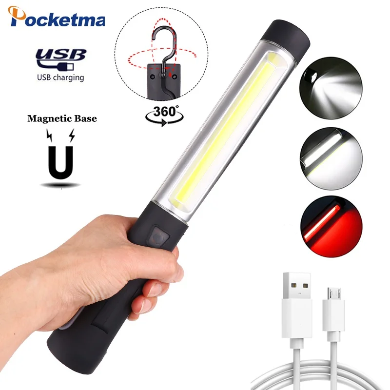 

USB Rechargeable COB LED Flashlight Magnetic Tail Work Lamp Inspection Lamp Torch Multifunctional 360 ° Rotatable Work Light