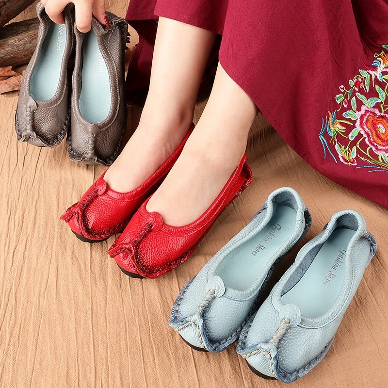 Luxury Genuine Leather Loafer Women Retro Flat Shoes Black Soft Women's Loafers Spring Summer Red Moccasins Slip Ons Mom | Обувь
