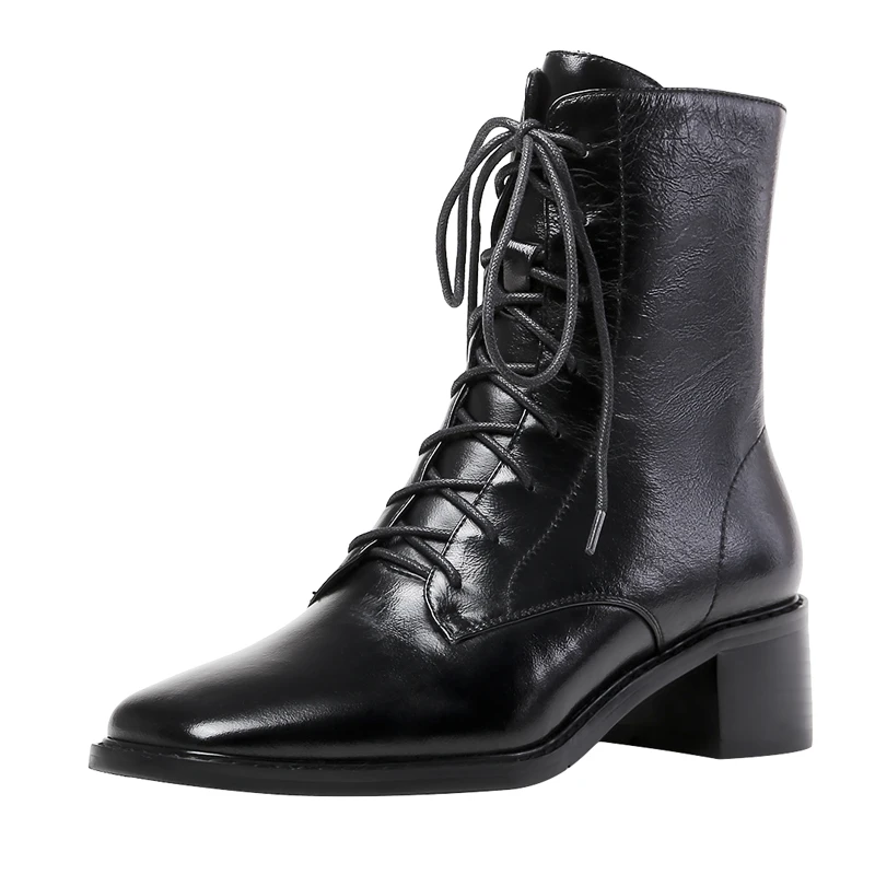 Кожаные ботильоны Женская обувь на среднем квадратном каблуке Сезон осень-зима