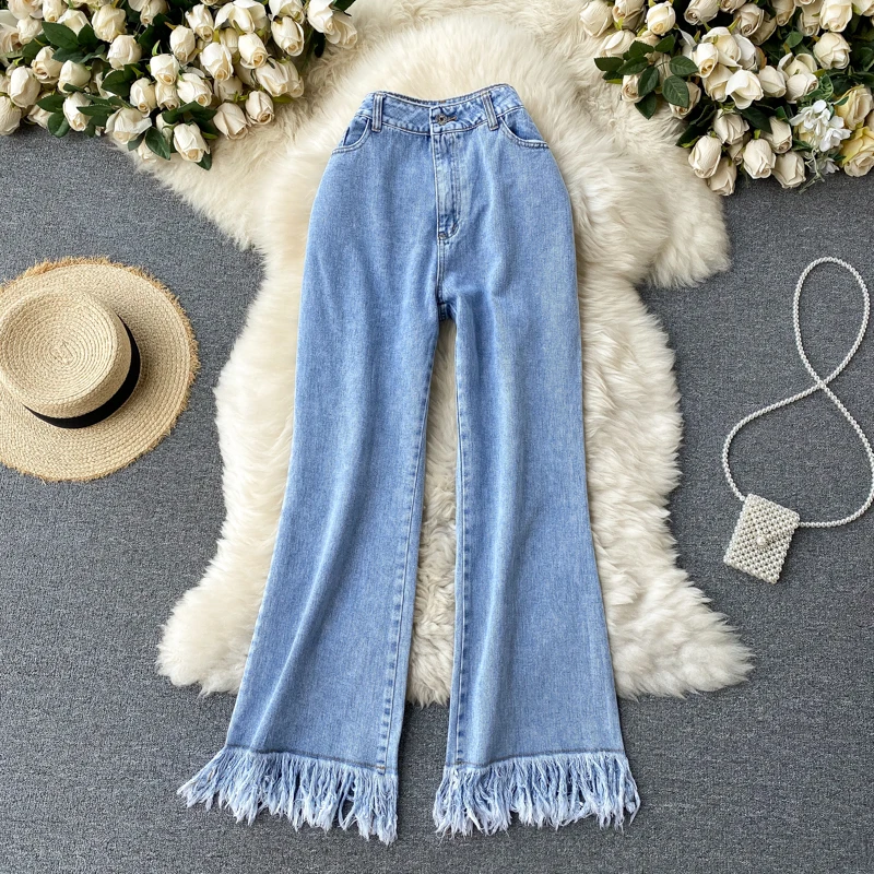 

Women Jeans 2021 Spring Fashion Denim Blue Long Pants Vintage High Waist Wide Leg Tassels Trim Casual Streetwear Female Clothes