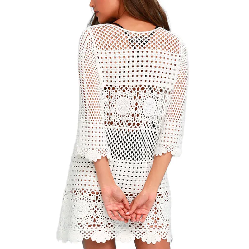 

Womens Cover-Ups 2020 White Lace Crochet Bikini Beachwear Cover Up Hollow Out Beach Dress Summer Bathing Suit Beach Cover Up