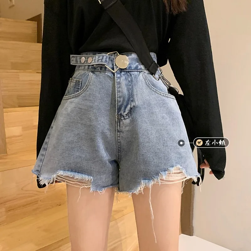 

Denim Shorts Women's 2021 Summer New Korean Style High Waist Slimming Loose Wide Leg Pants Versatile Ripped Shorts Hot Pants