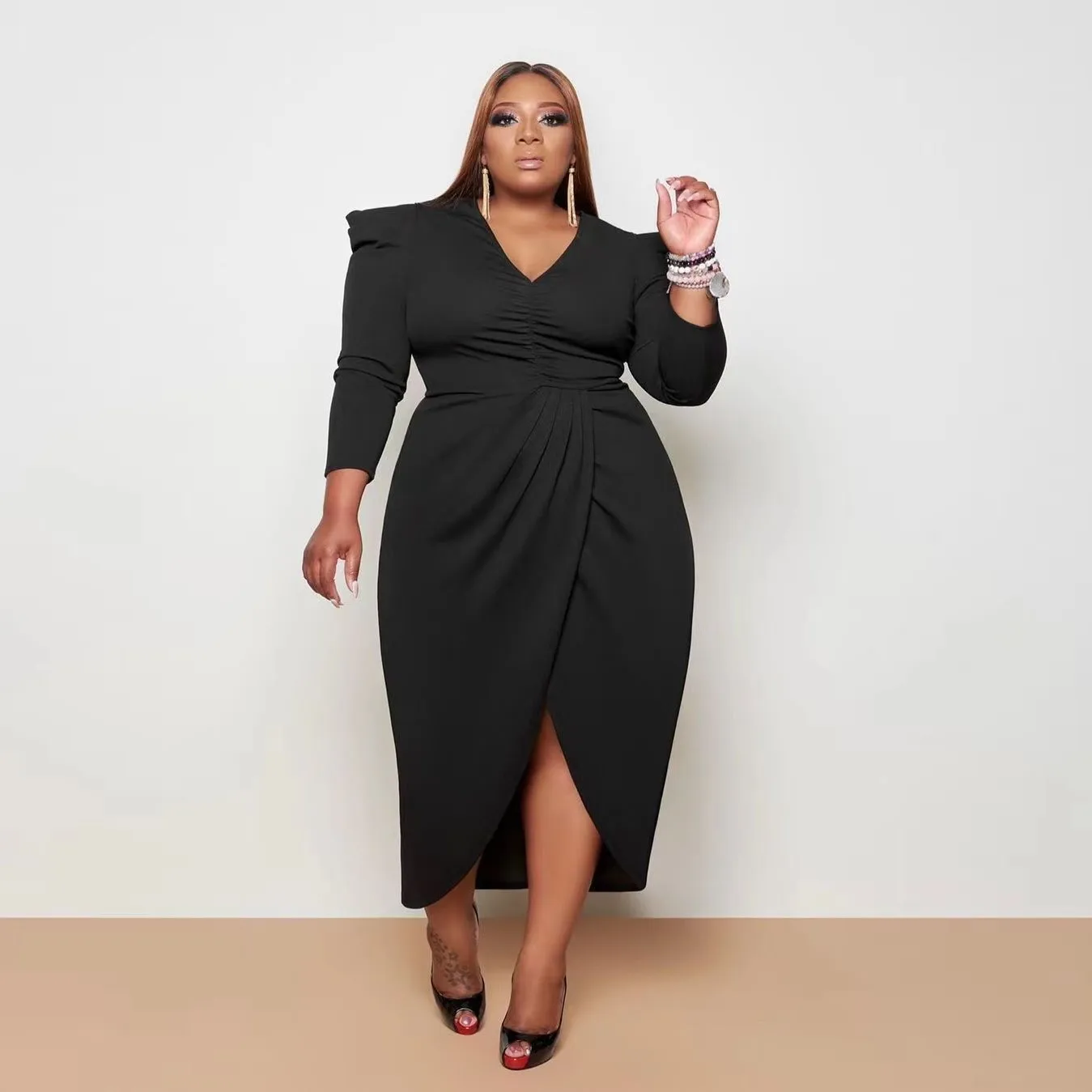 Женское платье с длинным рукавом и V-образным вырезом размеры 2XL-5XL