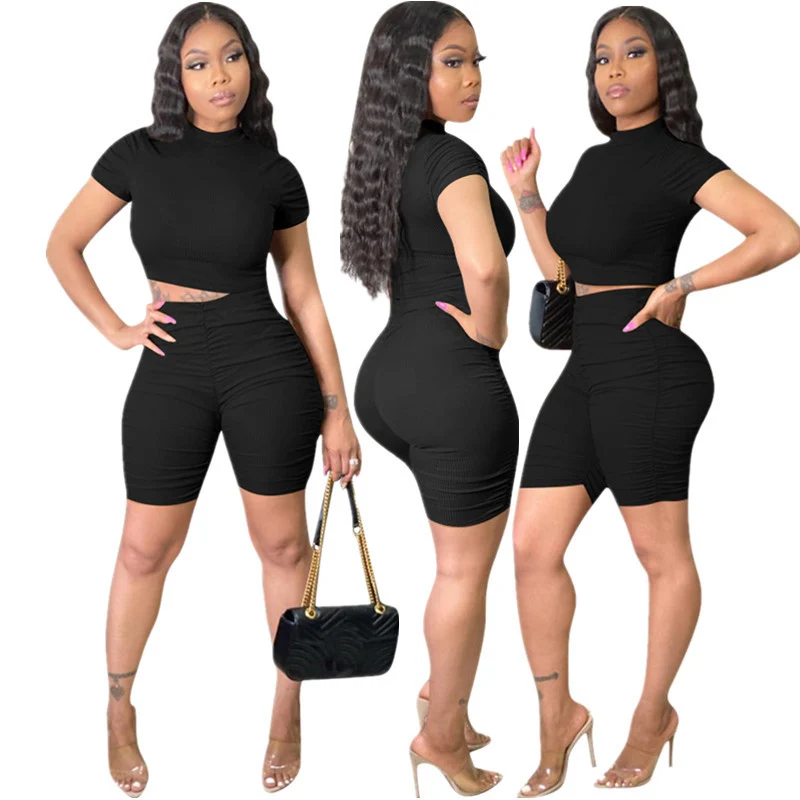 

Pleated Solid Color T-Shirt Shorts Summer New Women Suit Sports Casual European and American Ladies Two Piece Set