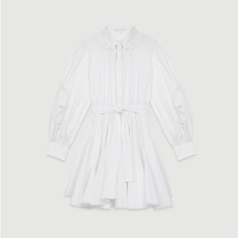 

Женское кружевное мини-платье, милое ажурное платье-рубашка с пышными рукавами, длинными рукавами, лацканами и шитьем, весна-лето 2021