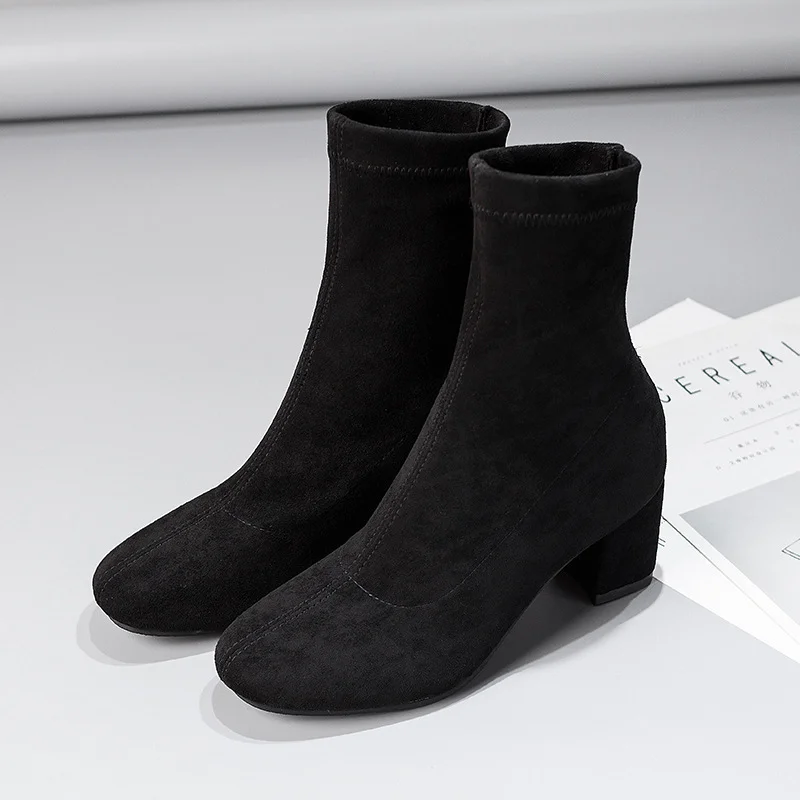 

Осень-зима 2021, замшевые кожаные ботинки, повседневные короткие ботинки с квадратным носком на толстом каблуке, эластичные тканевые ботинки ...