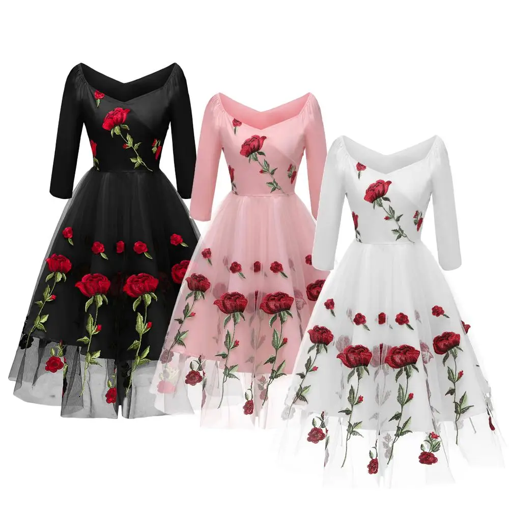 Модное женское кружевное платье миди с вышивкой вечернее праздничное цветочным