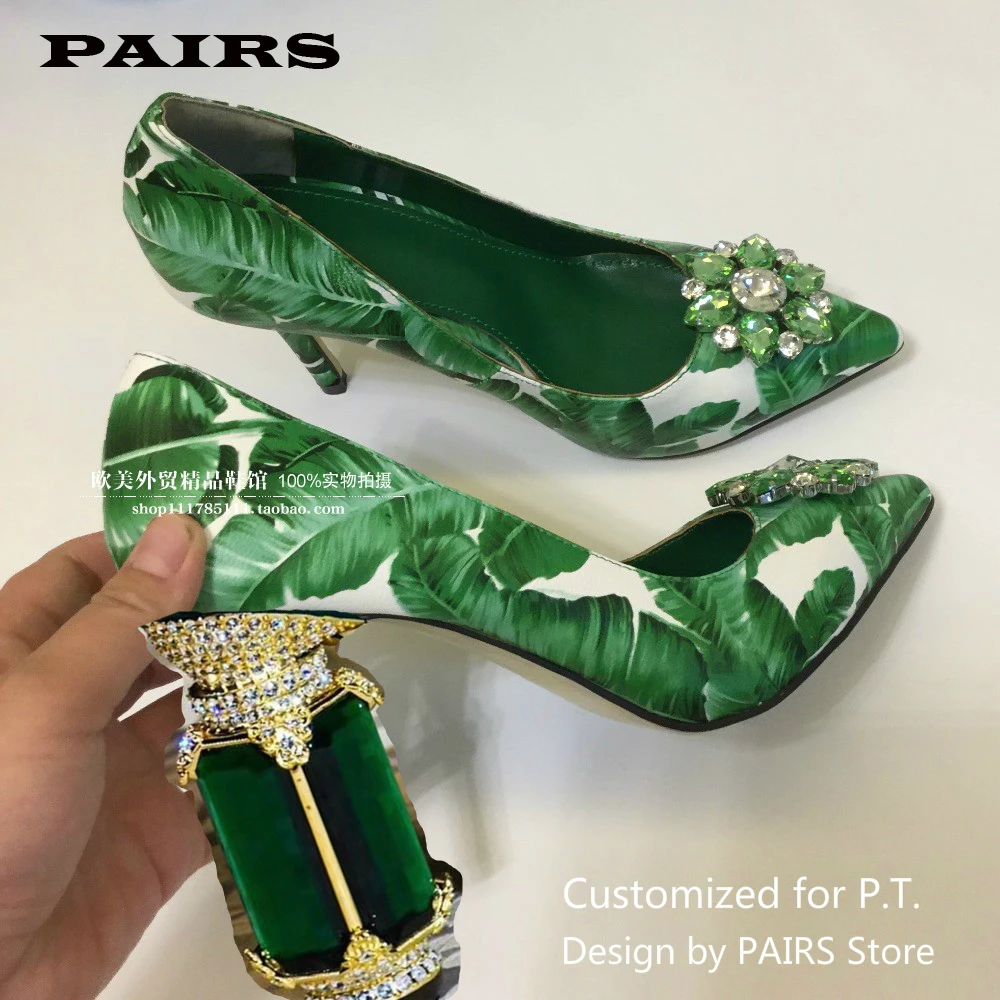

2019 Green Banana Leaf Pumps For Women Pointed Toe Rhinestone Diamond Flower High Heel Shoes Woman Fashion Party Shoes Plus Size
