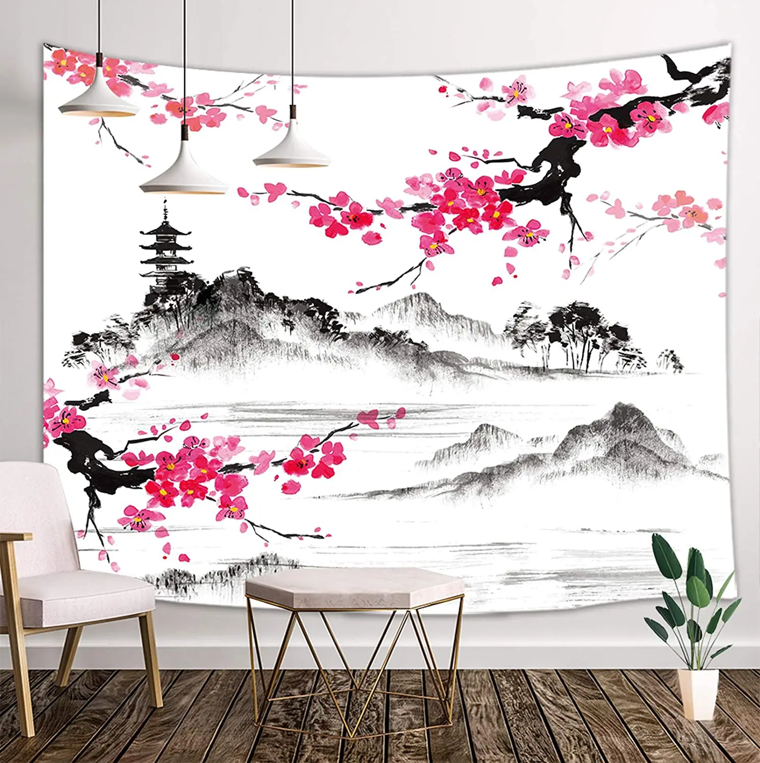 

Japanese Asian Anime Mount Fuji with Cherry Blossoms Sakura Flower Tapestry Wall Hanging for Living Room Bedroom