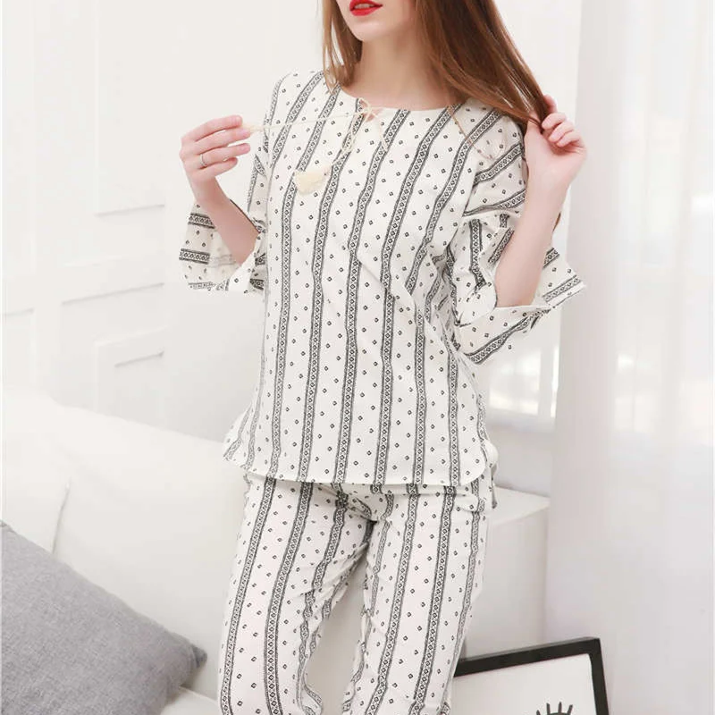 Spring Women SleepWear Cotton Casual 2 Pics Pants Tops