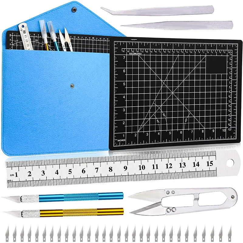 

LMDZ Carving Knife Kit Cutting Mat 30 Pcs Blades Stainless Steel Ruler Tweezers Scissor for Leather Working DIY Art Work Cutting